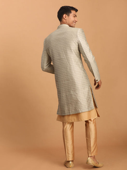 Vastramay Men's Beige Silk Blend Sherwani With Rose Gold Kurta Pant Set